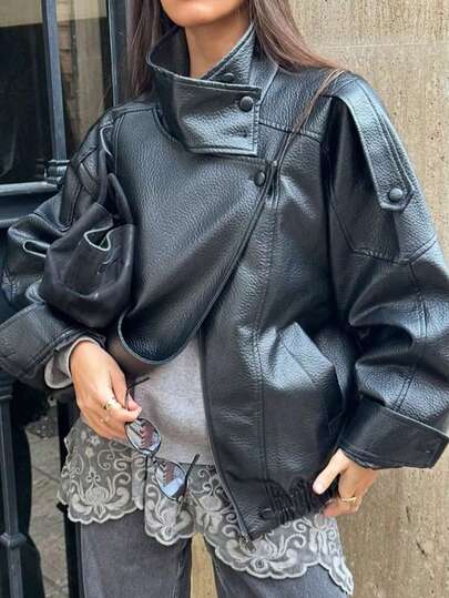 秋冬女士宽松皮夹克，时尚街头机车夹克，纯色带拉链口袋，黑色