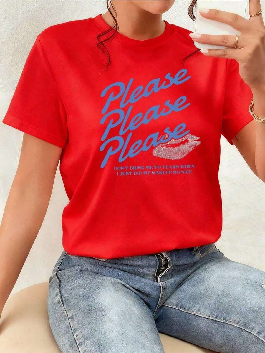 The Image Shows A Repeated Request In A Soft Tone With Pink Lips That Symbolize Tenderness, Humor, And A Desire To Maintain A Good Appearance, Reflecting Confidence And Feminine Delicacy, Ideal For Expressing A Cheerful Personality. Women's T-Shirt 100% Cotton. New Summer Women's T-Shirt, Casual And Comfortable Crew Neck Top - 紅色的 - 查看 1