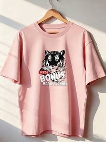 Black And White Tiger Head T-Shirt With "BONUS" Text.  Short-Sleeved T-Shirt For Spring And Summer 2026, Made In Mexico, 180 Grams. Cartoon Print, Couple Design, Suitable For Indoor Or Outdoor Wear. Crew Neck, Unisex, Ideal For Office And Leisure. One-Pack. - PK-P631577SLNDXZGY647 - 查看 1