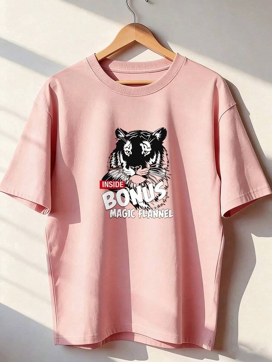 Black And White Tiger Head T-Shirt With "BONUS" Text. Short-Sleeved T-Shirt For Spring And Summer 2026, Made In Mexico, 180 Grams. Cartoon Print, Couple Design, Suitable For Indoor Or Outdoor Wear. Crew Neck, Unisex, Ideal For Office And Leisure. One-Pack. - PK-P631577SLNDXZGY647 - 查看 1