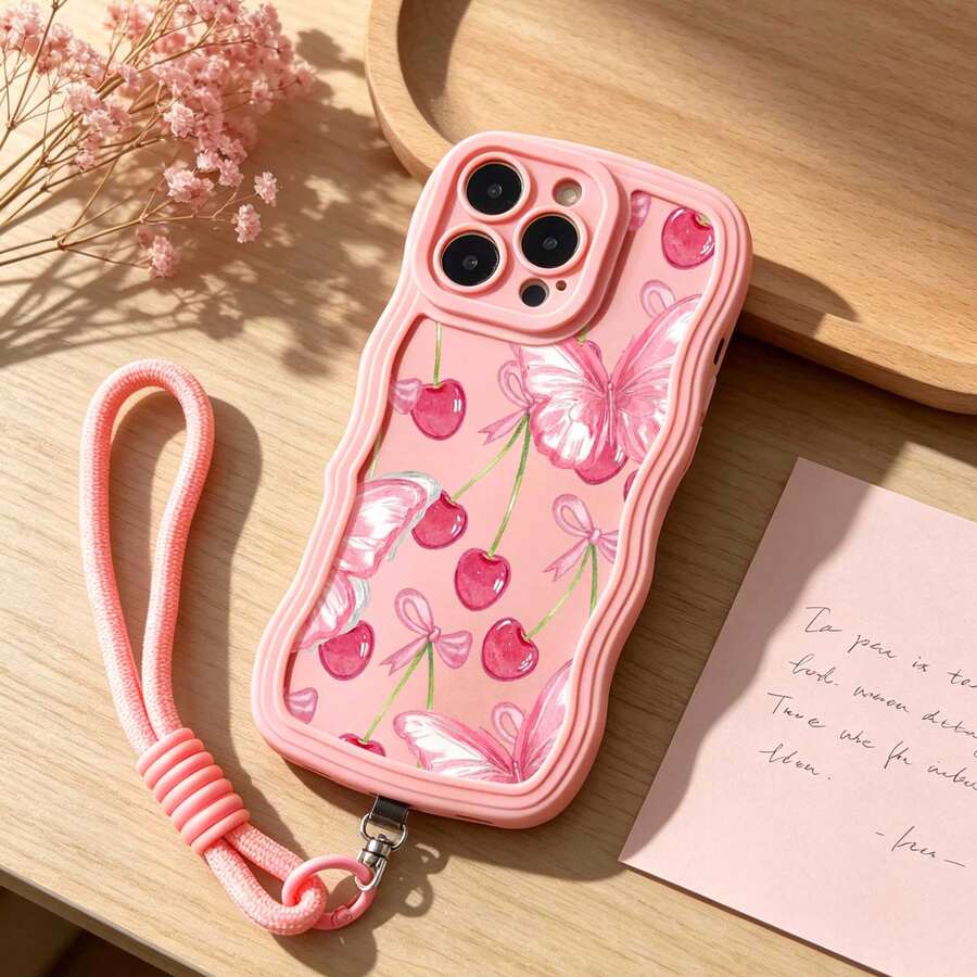 1 phụ kiện dây đeo rời thời trang + ốp lưng điện thoại màu hồng lượn sóng họa tiết hoa anh đào và bướm graffiti, tương thích với dòng 11/12/12 Pro Max/13/13 Pro/13 Pro Max/14/14 Pro/14 Pro Max/15/15 Pro Max/16/16 Pro/16 Pro Max/17/17 Air/17 Pro/17 Pro Max, ốp bảo vệ chống sốc. - Hồng - Xem 1