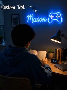 Customized Handwritten Name + Game Controller Neon Sign, Custom Text LED Neon Wall Light, Blue Soft Glow Decor Suitable For Boy's Bedroom Wall Art, Gaming Room, Children's Room, Influencer Cafe, Party Indoor - Multicolor - View 5
