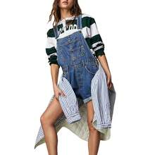 Denim Overalls Mini Dress For Women High Stretchy Adjustable Strap Jean Short Dress With Pockets, Solid Color/Camouflage/4th Of July USA Flag Print Sleeveless Suspender Dress - F130-Xanh đậm - Xem 7