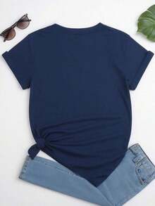 Plus Size Short Sleeve T-Shirt With Round Neck And Hedgehog Print, Suitable For Casual Summer Graphic T-Shirts For Women. - Navy Blue - View 2