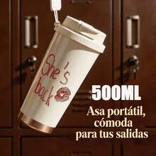 Vaso Térmico de 500ml con Diseño de Frase "She's Back" y Labios, Acero Inoxidable, Tapa Hermética y Correa - Multicolor - Ver 7
