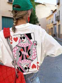 Camiseta de manga corta de holgada con estampado de la reina de picas, nueva y casual, versátil y de moda para mujer, color blanco Ropa deportiva estilo Y2K, cuello redondo, 100% algodón, tejido suave, manga corta. - Blanco - Ver 5