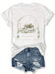 Camiseta Estampada para Mujer con Ilustración de Rana Pastel - Camiseta Casual de Manga Corta y Cuello Redondo, Corte Relajado para Todas las Estaciones, Perfecta para Uso Diario y Atuendos de Vacaciones (Lavable aáquina). - Blanco - Ver 7