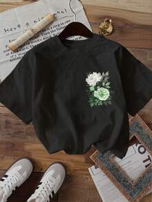 [Double-Sided Print] Fashionable Women's Top, Summer Clothes For Women, Cool Style With Green Peony Leaf Print, Round Neck, Short Sleeve T-Shirt, Winter Clothes For Women - 黑色 - 查看 3