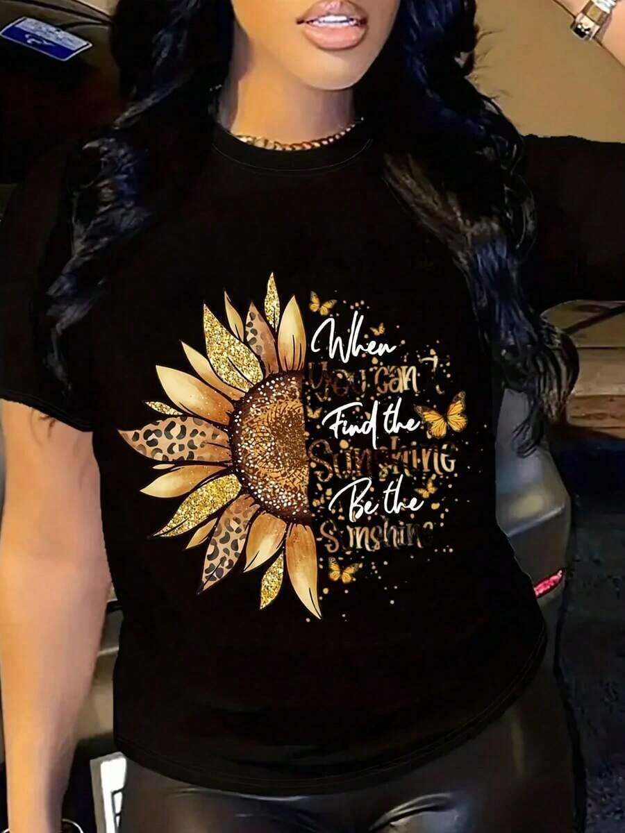 Suave Cuando No Puedes Encontrar El Sol, Sé El Sol Camiseta, Camiseta Motivacional, Frase de Girasol, Camiseta de Vibra Positiva, Camiseta Inspiradora, Camiseta Gráfica Casual de Manga Corta y Cuello Redondo para Mujer Talla Grande, Camisetas de Otoño e Invierno, blusa casual mujer, blusas para mujer, playeras de mujer algodon - Negro - Ver 1
