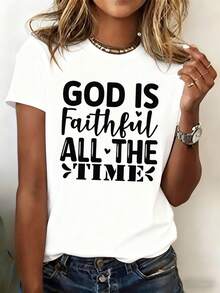 Women's Printed T-Shirt - Casual White Short Sleeve Crew Neck T-Shirt With The Message "God Is Faithful All The Time". With A Relaxed Fit Suitable For All Seasons, It's The Perfect Choice For Everyday Wear Or Holiday Outfits (Machine Washable). - 白色 - 查看 7