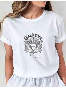 Camiseta Deportiva Casual para Mujer con Gráfico Vintage GUARD YOUR HEART - Camiseta Blanca de Cuello Redondo, Elástica y Lavable aáquina, Ajuste Cómodo, para Todas las Estaciones, Prenda Versátil para un Look Casual y Motivacional. - Blanco - Ver 7