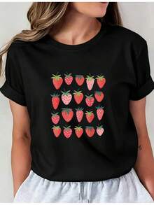 Women's Casual Sports T-Shirt With Colorful Strawberry Check Design - Black Elastic Crew Neck T-Shirt, Machine Washable, Comfortable Fit And Perfect For All Seasons. - 黑色 - 查看 6