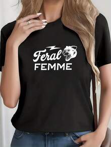 Women's Gothic Style T-Shirt "Wild Woman" With Fierce Wolf Print - Slogan "Stay Wild", Loose Black Short Sleeve Round Neck Top, Fierce Wolf Head Design, Suitable For All Seasons, Ideal For Daily Wear And Halloween Costumes, A Statement Of Female Power. - 黑色 - 查看 6