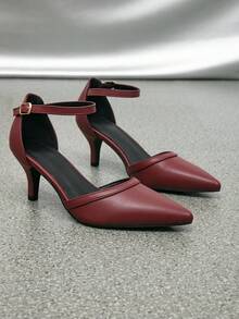 歐美時尚尖頭高跟涼鞋，細高跟百搭女式單鞋，適合婚禮，小貓跟 - 酒紅色 - 查看 7