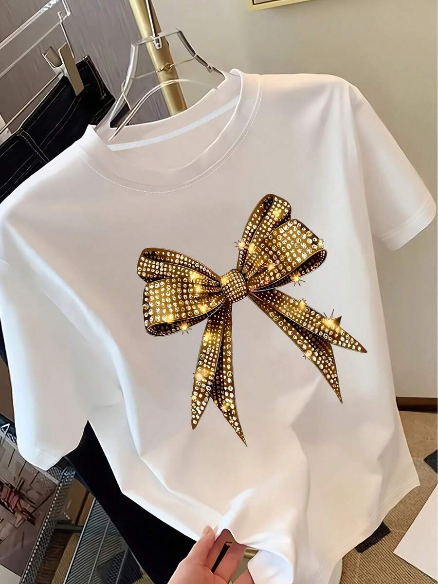Women's T-Shirt With Bow Print Y2K - Short Sleeve T-Shirt With Round Neck And Shiny Decorative Pattern, Casual Spring/Summer Top With Round Neck, Women's T-Shirt, Regular Fit - 白色 2 - 查看 1