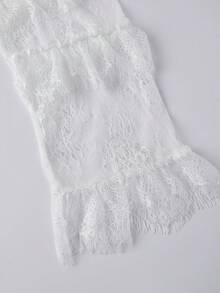 Women's Lace Dress Long Sleeve Round Neck Solid Color High Low Hem Dress Flowy Ruffle Dress - Blanco - Ver 8