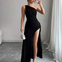Nuevo vestido negro asimétrico sexy con hombro plisado, recorte hueco y abertura alta, adecuado para vacaciones, citas y fiestas en verano - azul real - Ver 5