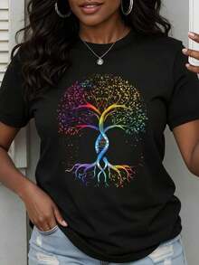 Women's White T-Shirt With Colorful Tree Of Life Design - Unisex Urban Vintage Style, 100% Cotton Short Sleeve T-Shirt With Round Neck - 黑色 - 查看 1