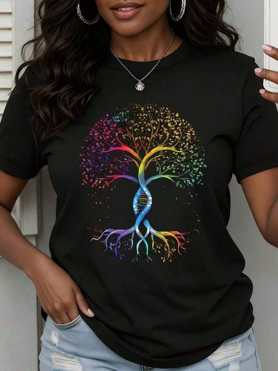 Women's White T-Shirt With Colorful Tree Of Life Design - Unisex Urban Vintage Style, 100% Cotton Short Sleeve T-Shirt With Round Neck - 黑色 - 查看 1