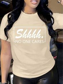 Soft, 100% Cotton Women's Plus-Size T-Shirt With A "Shhh" Print, Casual Style, And Relaxed Fit. Breathable Cotton T-Shirt That Goes With Everything-Great! - 杏色 - 查看 1