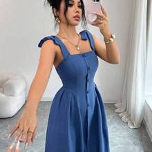 Nuevo vestido largo elegante y versátil para mujeres con textura de tiras y tejido bicolor ajustado para uso diario - Celeste - Ver 7