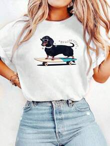 blusas para mujerCamiseta esencial de manga corta para mujer, de algodón puro estampado, con diseño gráfico, cuello redondo, suave y transpirable, versátil, adecuada para el uso diario, ¡un imprescindible para mujeres a la moda! Camisetas de Algodón Transpirables con Estampado para Mujer, Uso Diario Casualeurmuse - Blanco - Ver 1