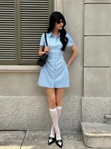Vestido camisero ajustable a la cintura, moda femenina casual y sexy de mini longitud - Azul - Ver 2