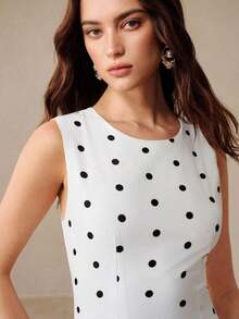 Vestido casual sin mangas con cuello redondo, cintura ceñida y dobladillo con volantes de doble capa con estampado de lunares para mujeres - Blanco y Negro - Ver 6