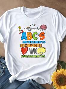 Camiseta de Mujer Casual con Cuello Redondo, Opciones en Blanco y Negro, Estampado Gráfico 'ABCs Antecedentes Comportamientos Consecuencias', Camisetas para Uso Diario, Tops de Verano, Camisetas Gráficas, Conjuntos de Verano, Camisetas Cortas para Mujer, Tops Vintage de Algodón, Ropa Linda para Mujer, Playera Holgada para Mujer - Blanco - Ver 2