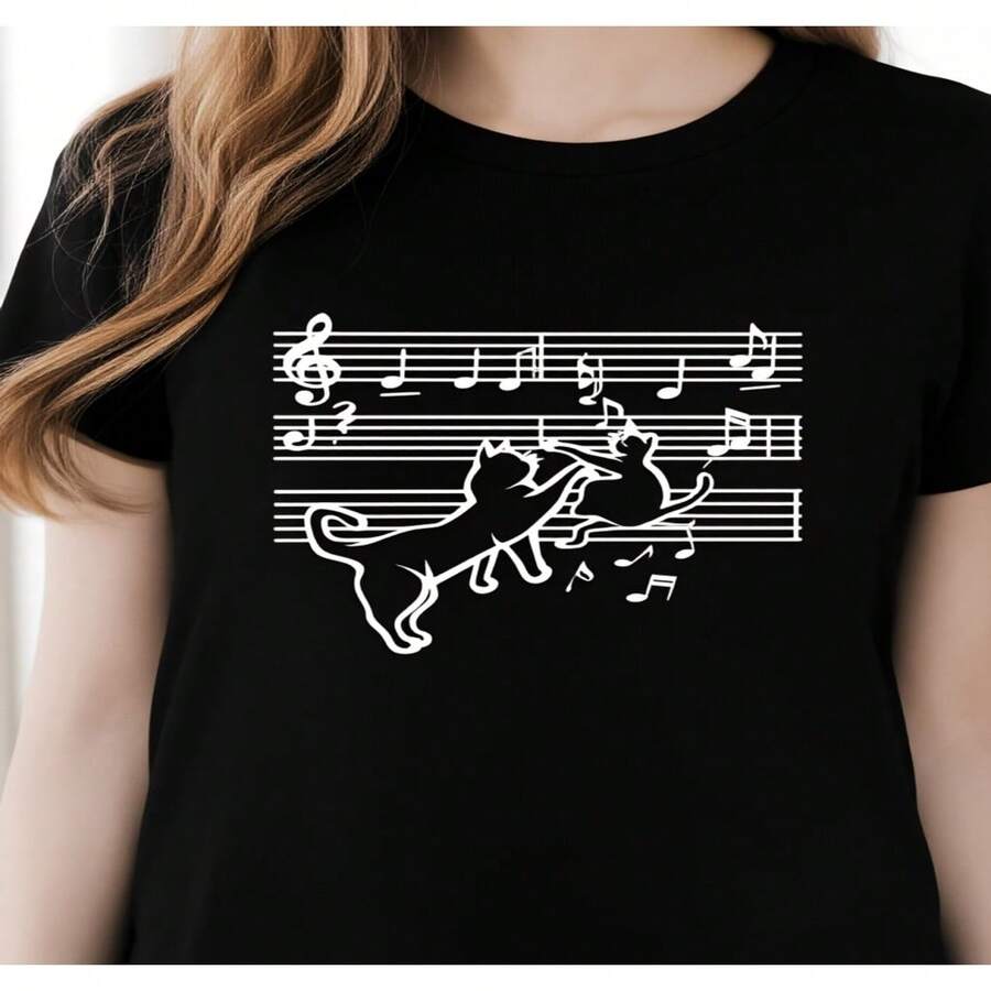 Camiseta para mujer con Diseño de gato musical, estilo casual para uso diario y amantes de la música, 2D blusas bonitas para mujer, camiseta de mujer de Diseño holgado casual, holgada y ligeramente extendida S-XXXL - Negro - Ver 1