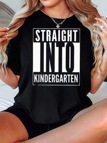 2026 Casual V-Neck T-Shirt Black Straight Into Kindergarten Print For School Camisetas Para Mujer Playeras Blusas Para Mujer Casual - Negro - Ver 1