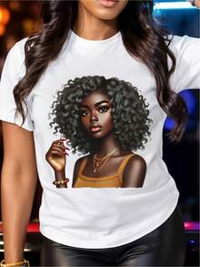 Blusa Casual para Mujer, Estilo Simple para Uso Diario, Talla Grande - Camiseta blanca para mujer, suave y transpirable, adecuada para el uso diario, con un retrato de una mujer afroamericana. Esta camisa casual con estampado es perfecta para el uso diario y ocasiones especiales, presenta un cuello redondo suave y es una camiseta casual adecuada para todas las estaciones. - Blanco - Ver 7