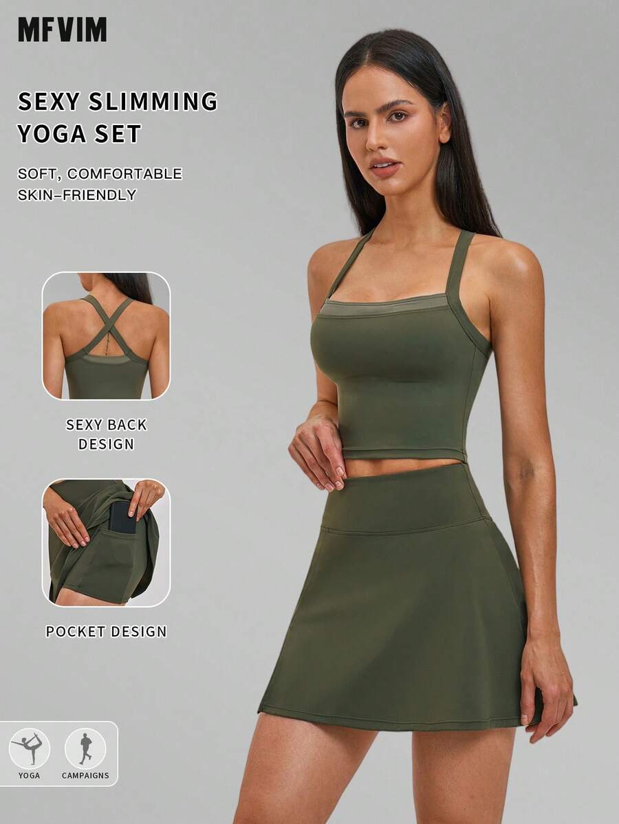 Ensemble yoga nude pour femmes MFVIM, tenue de tennis à dos croisé séchage rapide, leggings décontractés polyvalents en tissu doux et agréable pour la peau, pantalon de yoga, convient pour le trajet, l'extérieur, la course, le cyclisme, le yoga, le pilates, l'entraînement en salle de gym