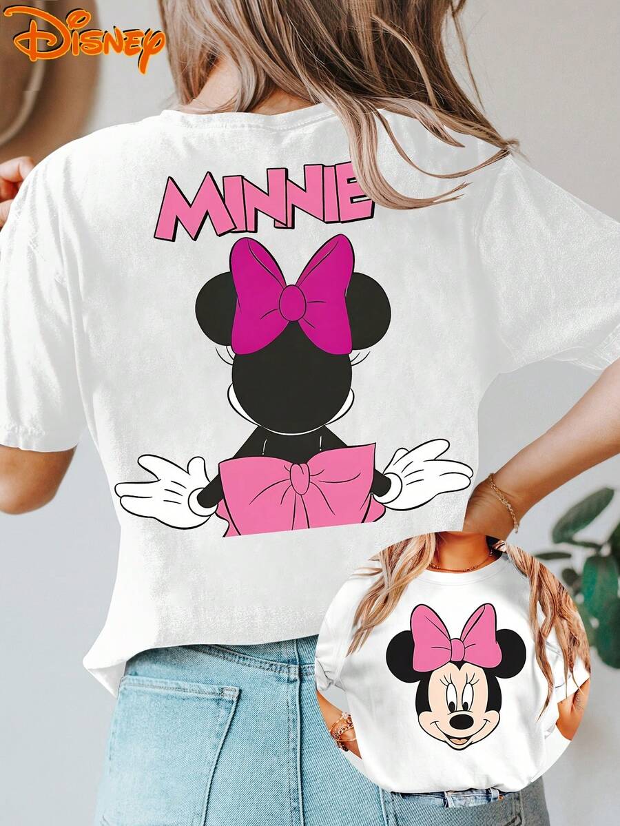 Ladies' Disney Short-Sleeve T-Shirt Featuring A Sweet Cartoon Minnie Mouse With A Big Bow And Double-Sided Print. This Round-Neck Summer Top Is Suitable For Spring, Summer, And Autumn, Perfect For A Disney Trip - Vitt - Visa 1