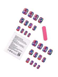 Red And Blue Press On Nails Short, Shiny Cat Eye Extra Short Almond Press On Nails With Tabs, Reusable Thick Glazed Fake Nails Oval In 12 Sizes - 24 Pcs All-In-One Kit - 彩色 - 查看 4