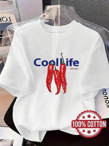 Nueva Camiseta de Moda para Mujer, Cuello Redondo, Manga Corta, Estampada con Diseños de Chiles y Letras, Camiseta Casual a, Cuello Redondo, Mangas Cortas, Absorbente de Sudor y Transpirable, Ropa Casual, Cómoda, Elegante y Única para el Hogar, Adecuada para Primavera, Verano y Otoño, Versátil, Camiseta Deportiva Transpirable y Absorbente de Sudor, También Puede Usarse como Capa Base en Otoño e Invierno 2U8RAlgodón, diseño versátil listo para el verano. - Blanco - Ver 7