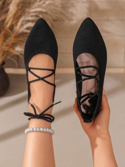 Women's Knitted Criss-Cross Ankle Tie Pointed Toe Ballet Shoes, Comfortable Breathable Soft Bottom Casual Slip-On Shoes, Versatile For Commuting