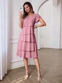 Vestido de mujer de unicolor con cuello redondo, mangas cortas con volantes en los puños y dobladillo con volantes, vestido de moda para vacaciones, primavera y verano - Rosa Pálido - Ver 8