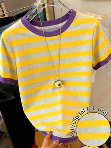 Camiseta de mujer de manga corta con cuello redondo y rayas, casual de verano - Multicolor - Ver 4