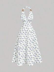 MOD Vestido midi elegante sin mangas con decoración floral 3D de metal y plisados para mujer - Azul y blanco - Ver 2