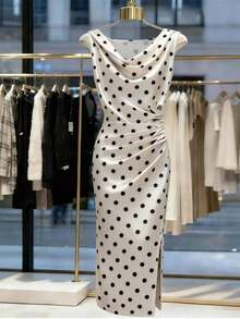 Vestido plisado de satén con estampado de lunares romántico y elegante para mujer, adecuado para salidas y citas de primavera/verano - Beis - Ver 8