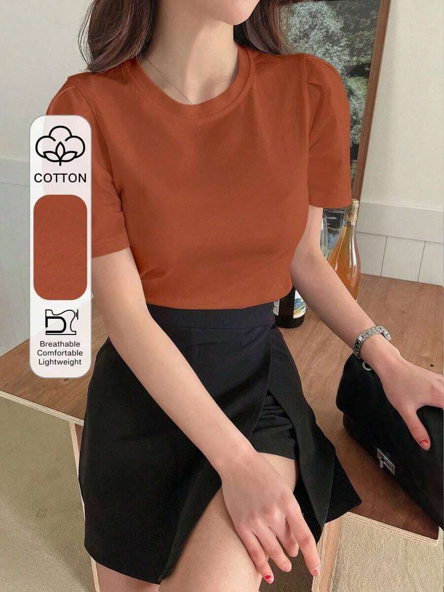 Camiseta de mujer de manga corta con manga abullonada de unicolor, crop top para mujeres - Marrón - Ver 1