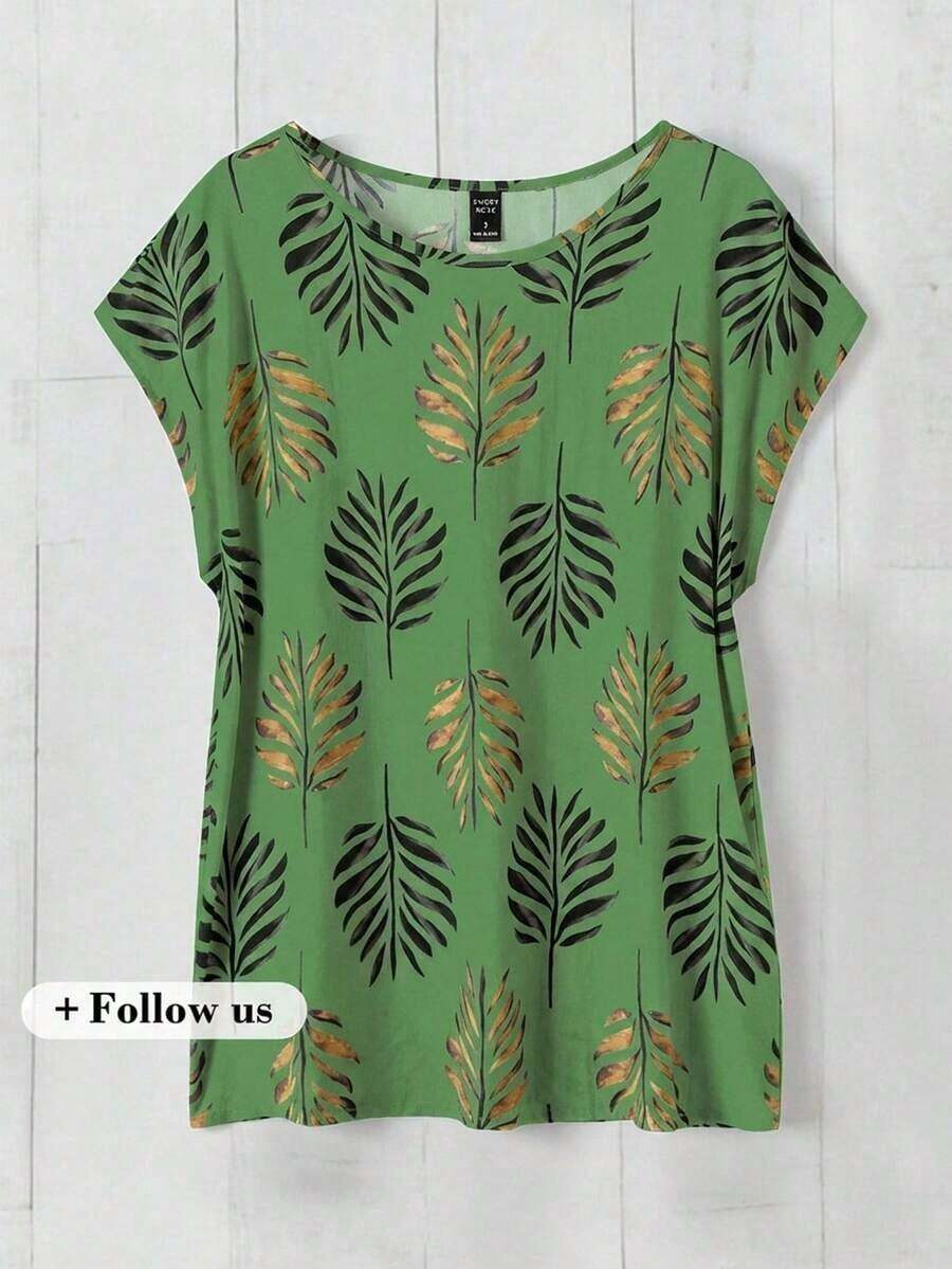 Blusa de manga de murciélago con estampado de plantas tropicales para vacaciones - Verde - Ver 1