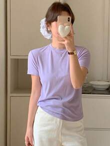 Camiseta de manga corta de cuello redondo de color liso para verano - Morado - Ver 3