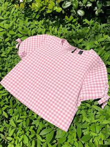 Top con espalda con abertura y puños con nudo en estampado de cuadros azul y blanco para salidas de verano - Rosa - Ver 2