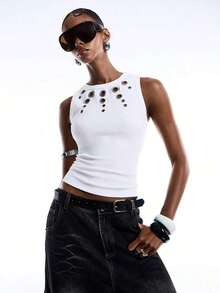 Camiseta de mujer con tachuelas, adecuada para citas, festivales de música, fiestas - Blanco - Ver 5
