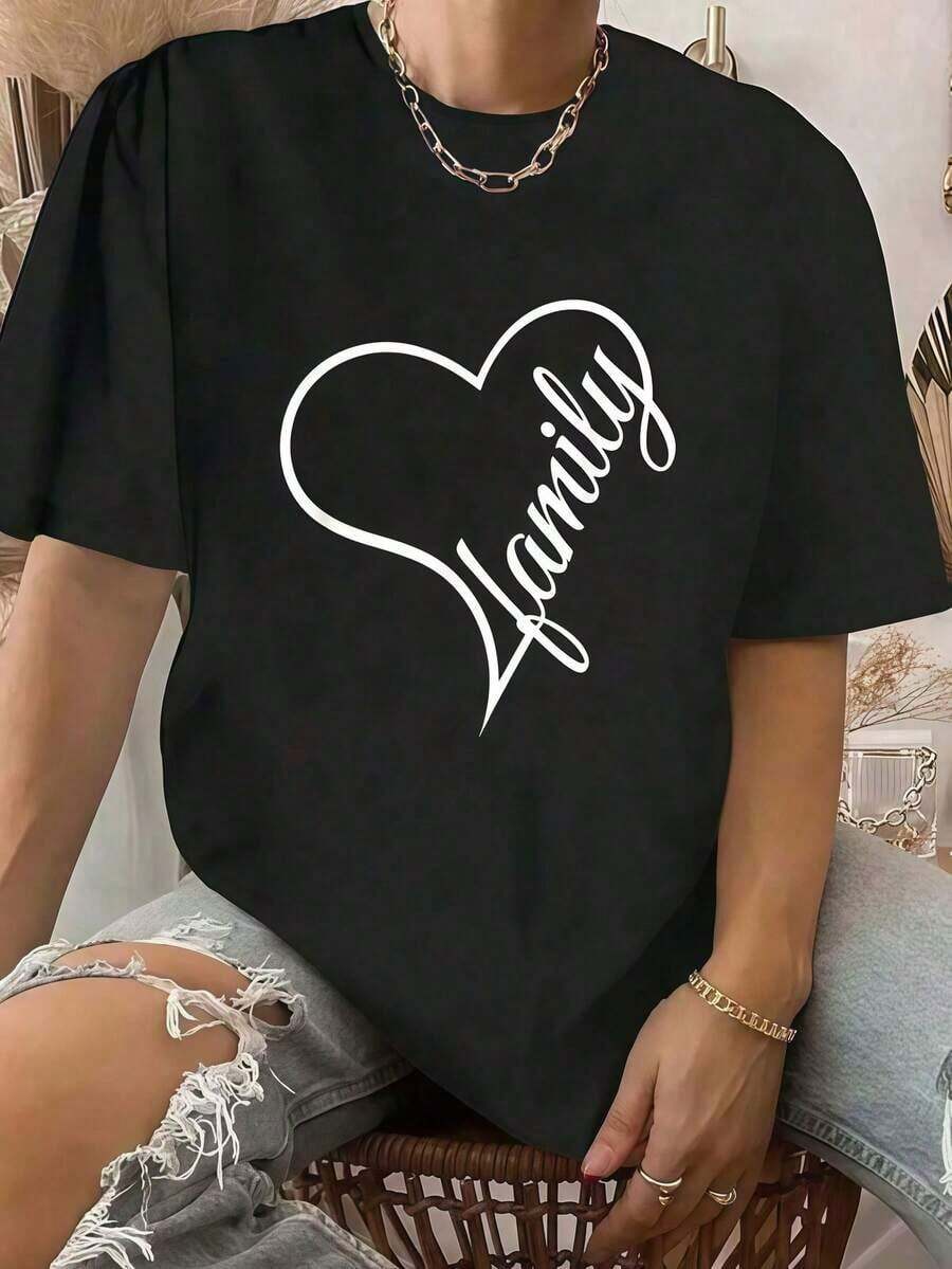 Round Neck T-Shirt With "I Love My Family" Print For Summer, Soft And Comfortable Short Sleeve Top, Stylish Graphic T-Shirt For Women - 黑色 - 查看 1