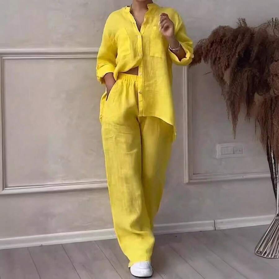 Solid Color Cotton Linen Shirt Drawstring Waist Wide Leg Pants Two Piece Set Women Casual Vacation Matching Outfit - Yellow - View 1