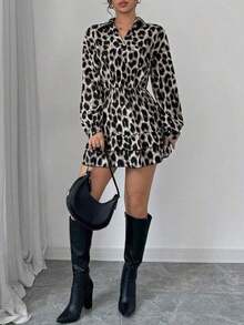 Vestido casual y elegante de manga larga con volantes y estampado de leopardo para mujer - Gris Claro - Ver 3