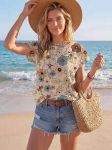 Camisa casual de mujer con patrón floral retro y cuello redondo, adecuada para el verano y para salir, blusas elegantes para mujer, casual - Multicolor - Ver 4